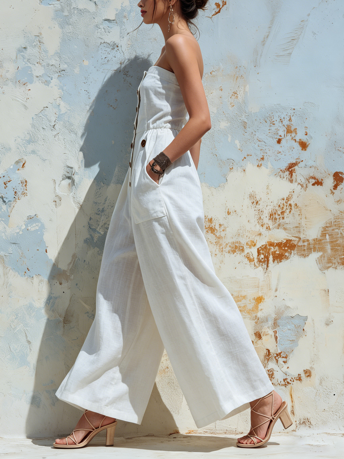 Button-Detail Strapless Wide-Leg Linen Jumpsuit with Pockets