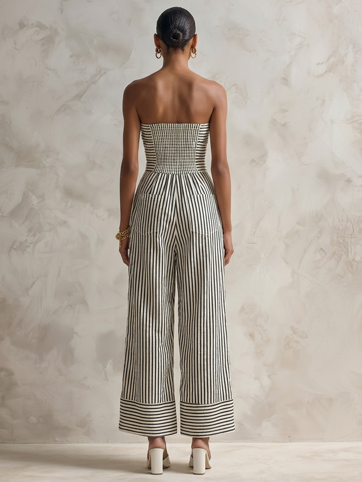 Striped Black and White Strapless Wide-Leg Jumpsuit