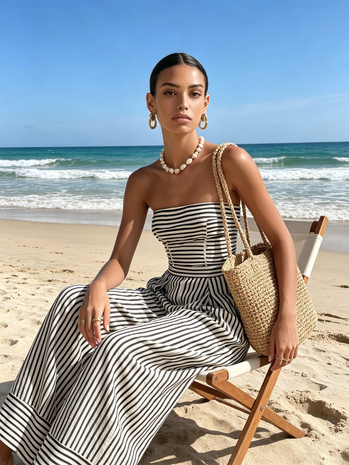 Striped Black and White Strapless Wide-Leg Jumpsuit