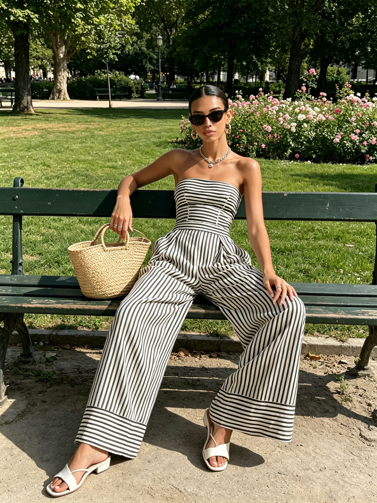 Striped Black and White Strapless Wide-Leg Jumpsuit