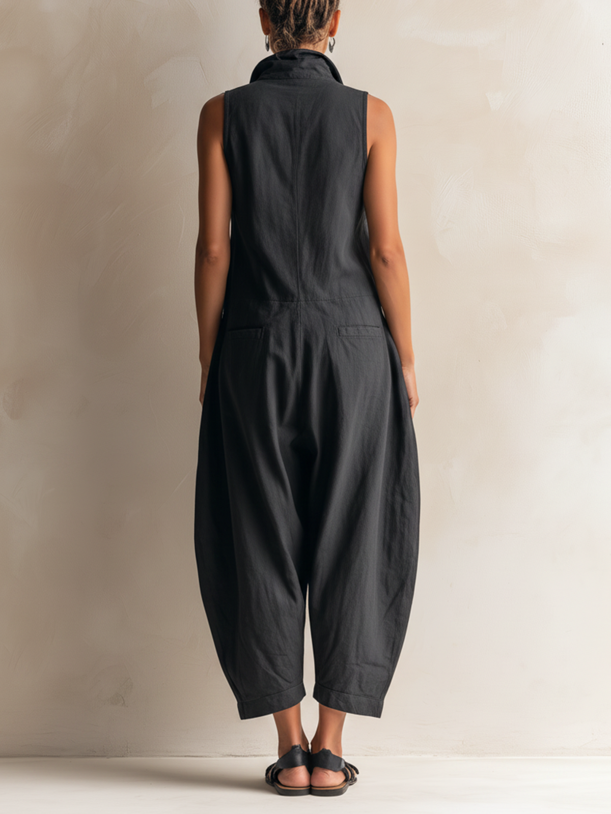 Black Sleeveless Utility Jumpsuit with Wide Legs