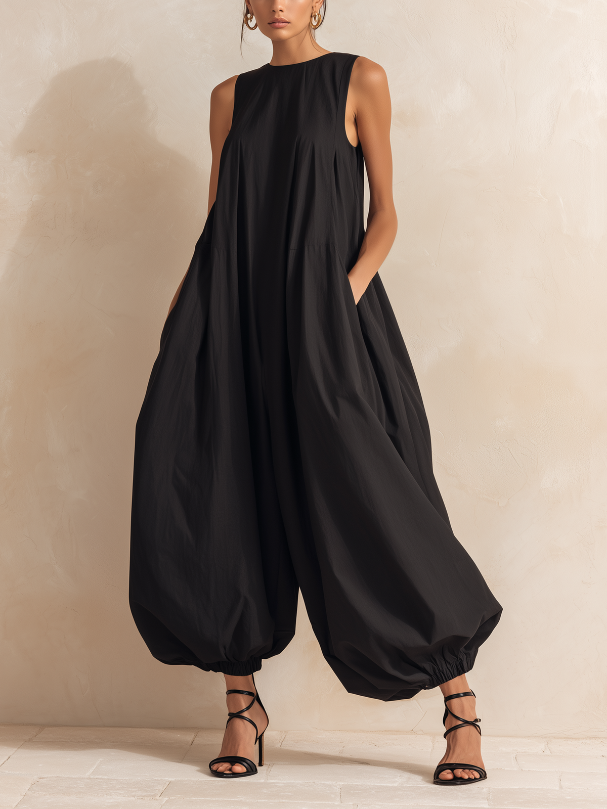 Black Sleeveless Jumpsuit with Balloon Legs and Pockets