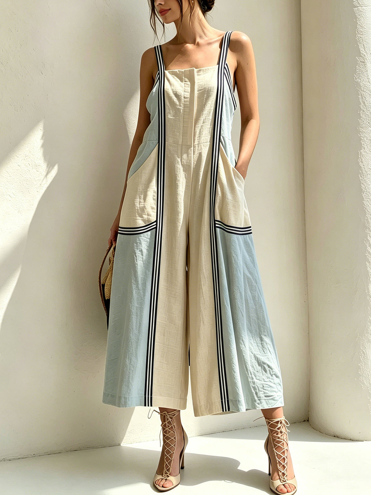 Colorblock Wide-Leg Jumpsuit with Contrasting Straps – Stylish Minimalist Summer Romper