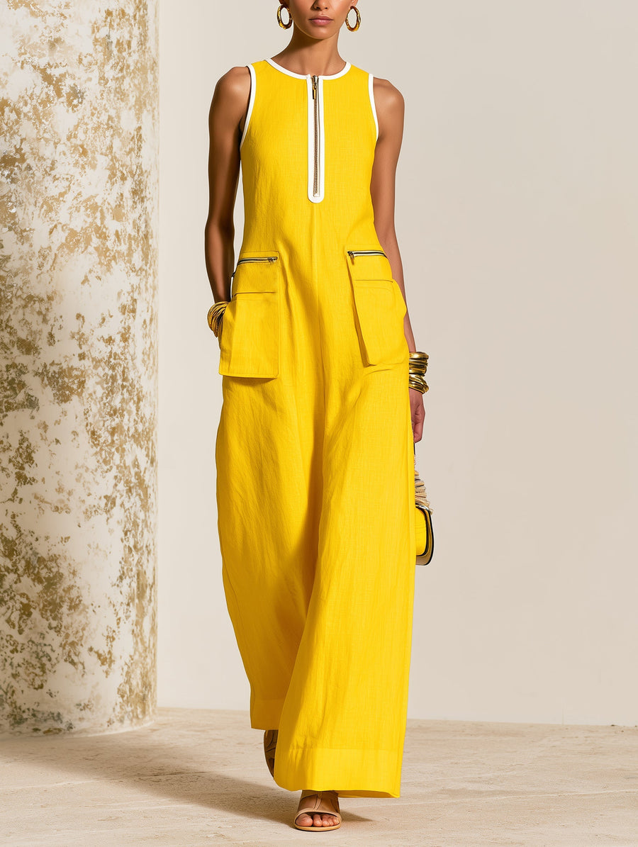 Sunny Luxe Yellow Sleeveless Maxi Dress – Chic Zip-Front Pocket Dress for Women
