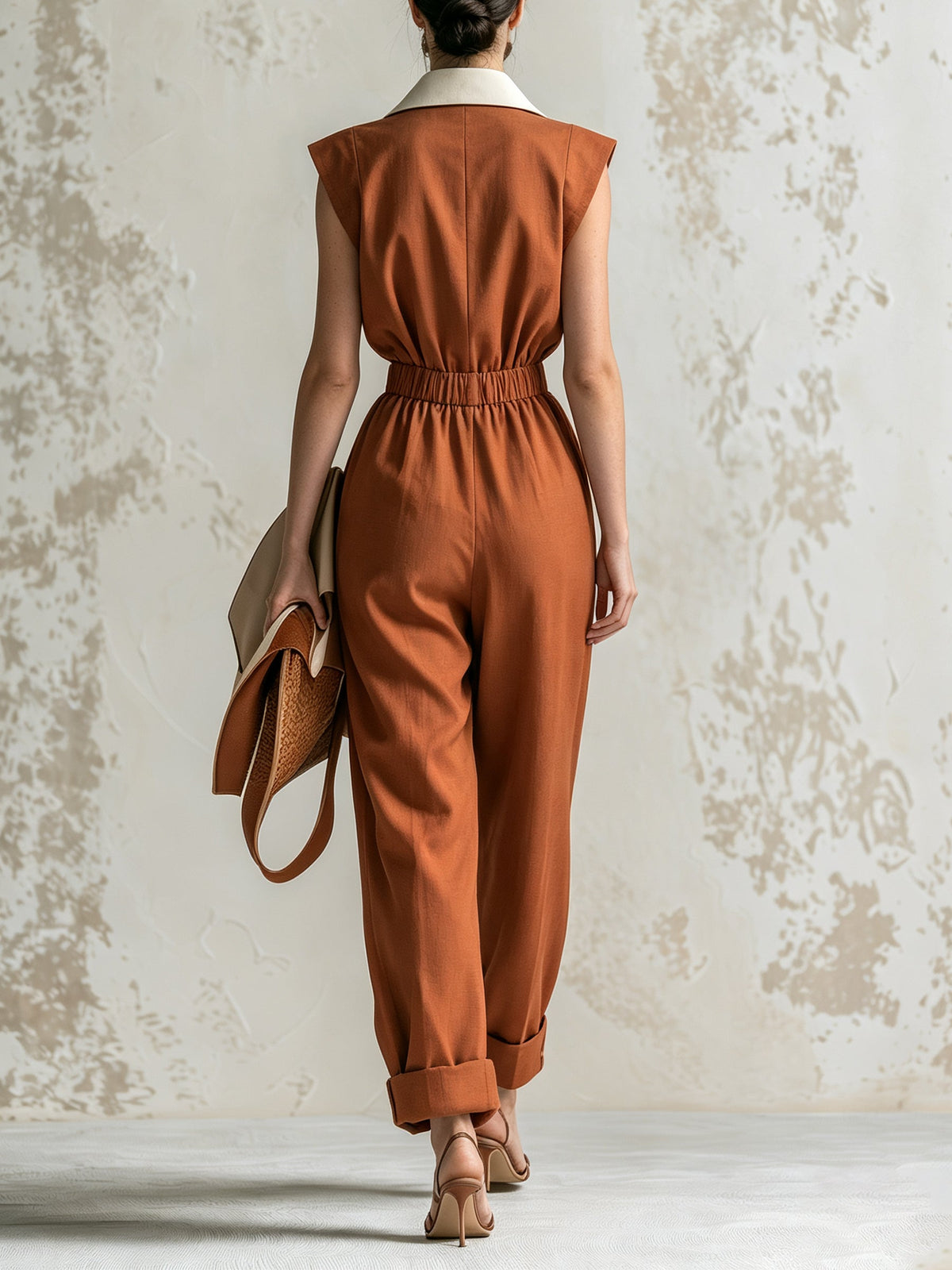 Elegant Women's Color Block Sleeveless Jumpsuit – Collared Wide Leg Utility Romper with Cinched Waist