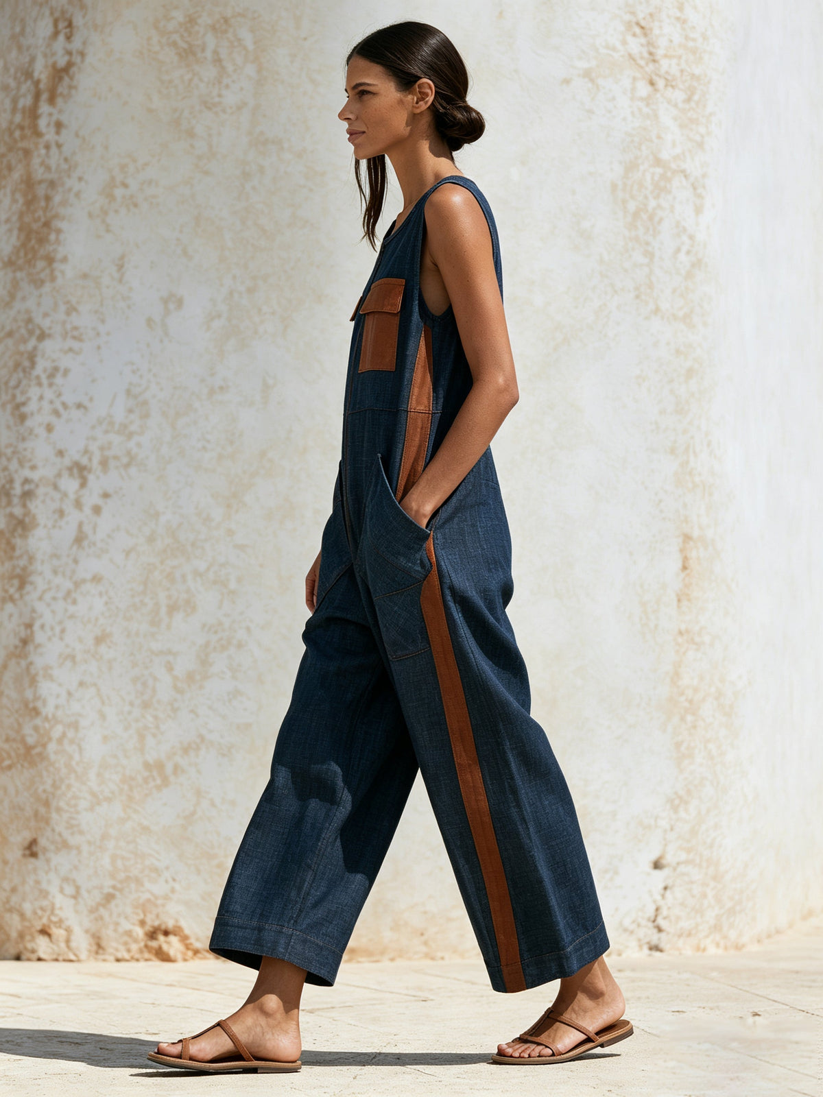Women's Wide Leg Utility Denim Jumpsuit – Sleeveless Romper with Contrast Pocket Accents