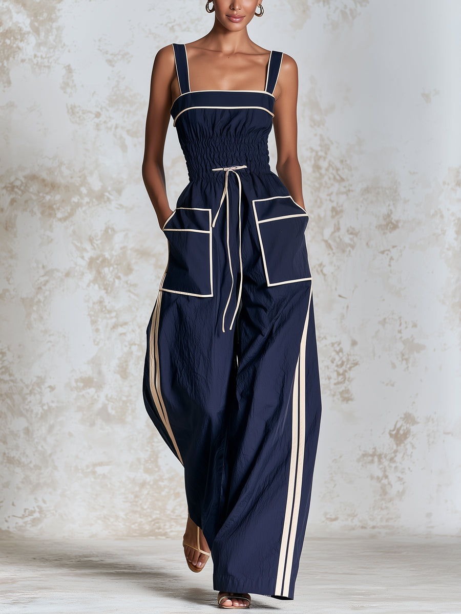 Elegant Sleeveless Women's Navy Wide-Leg Jumpsuit with Contrast Piping and Drawstring Waist