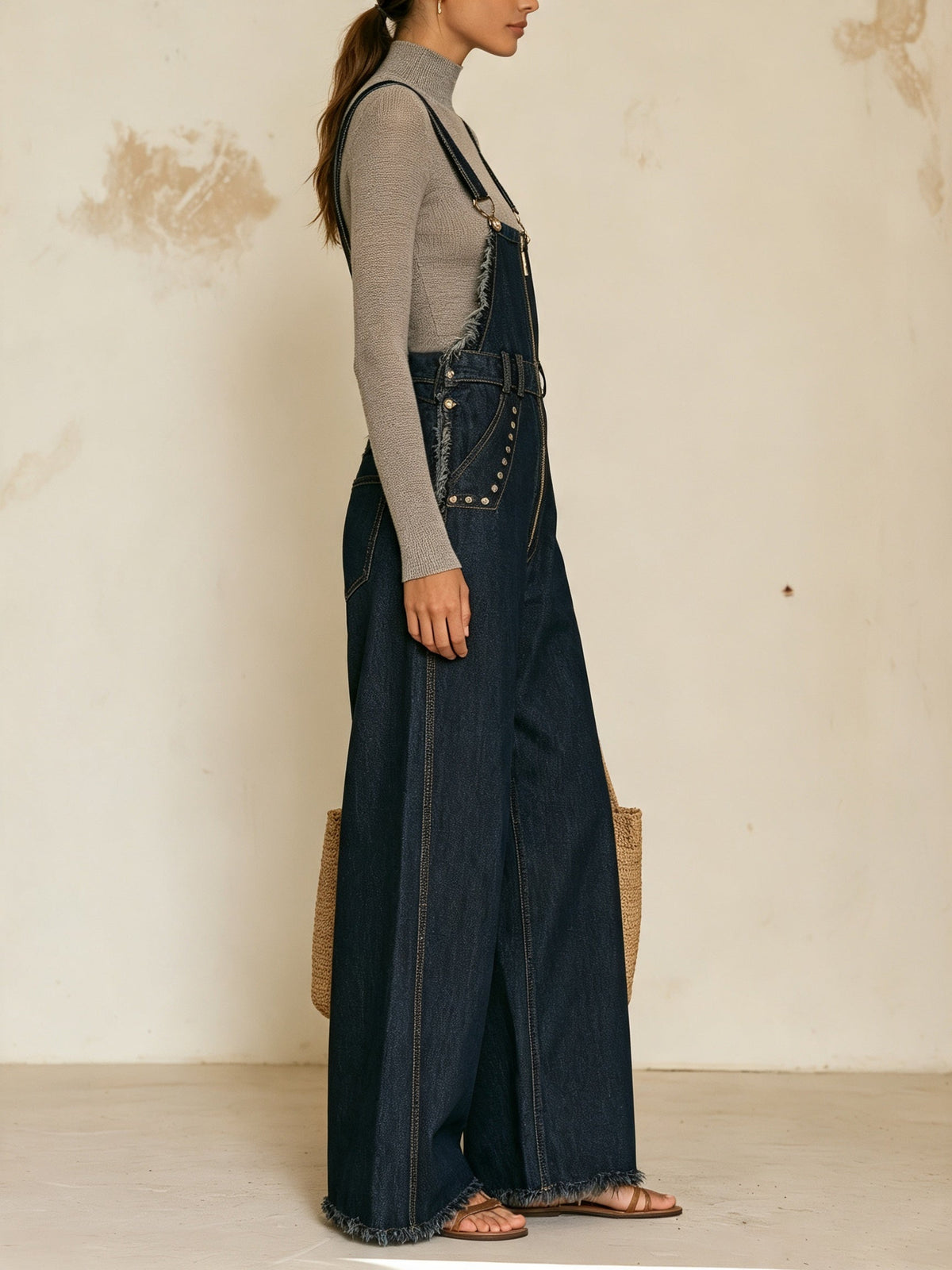Utility-Inspired Dark Denim Wide-Leg Overall Jumpsuit | Cargo Dungaree Romper
