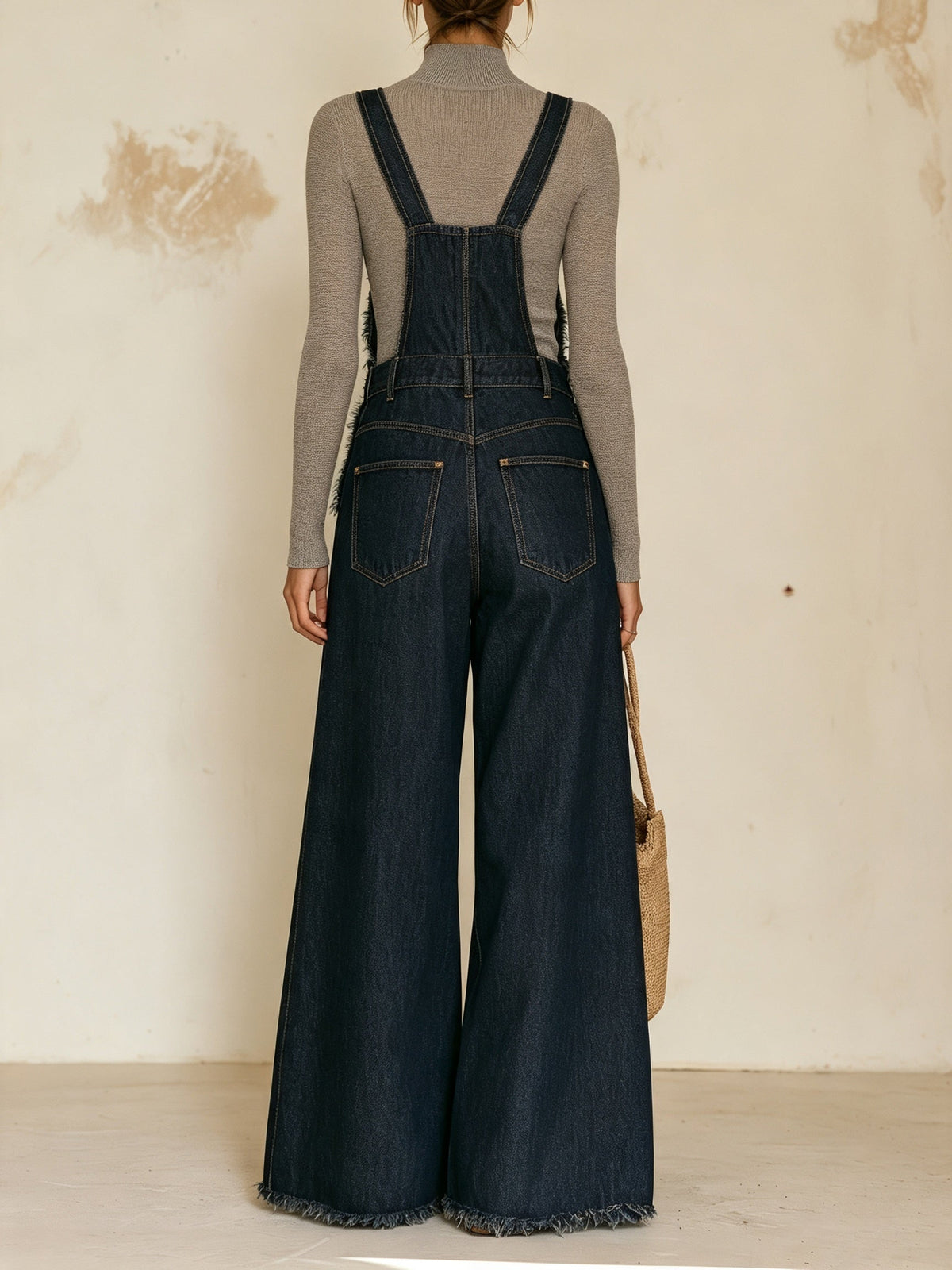Utility-Inspired Dark Denim Wide-Leg Overall Jumpsuit | Cargo Dungaree Romper