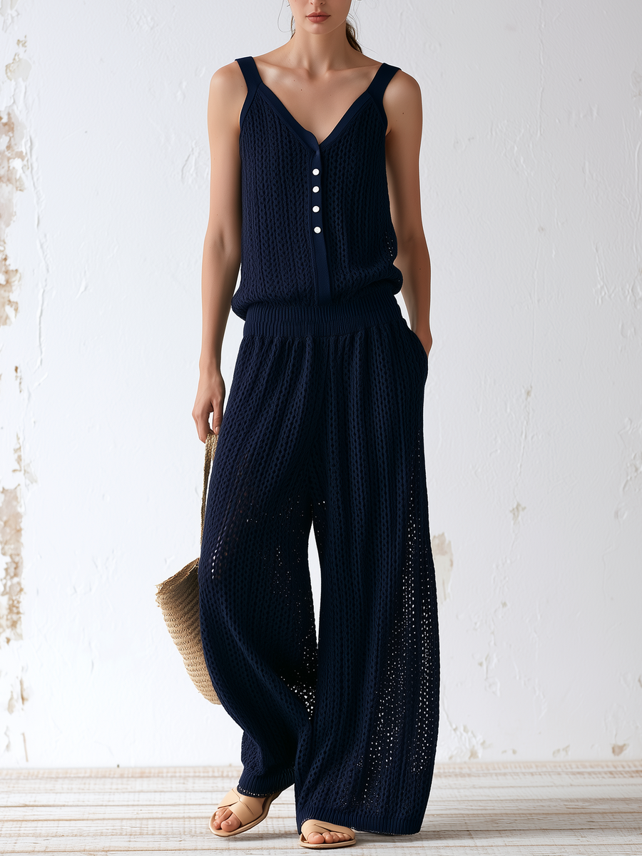Navy Hollow Crochet Knit Sleeveless Jumpsuit with V-Neck, Button Down, Elastic Waist, Wide Leg Design, and Side Pockets - Perfect for Vacation