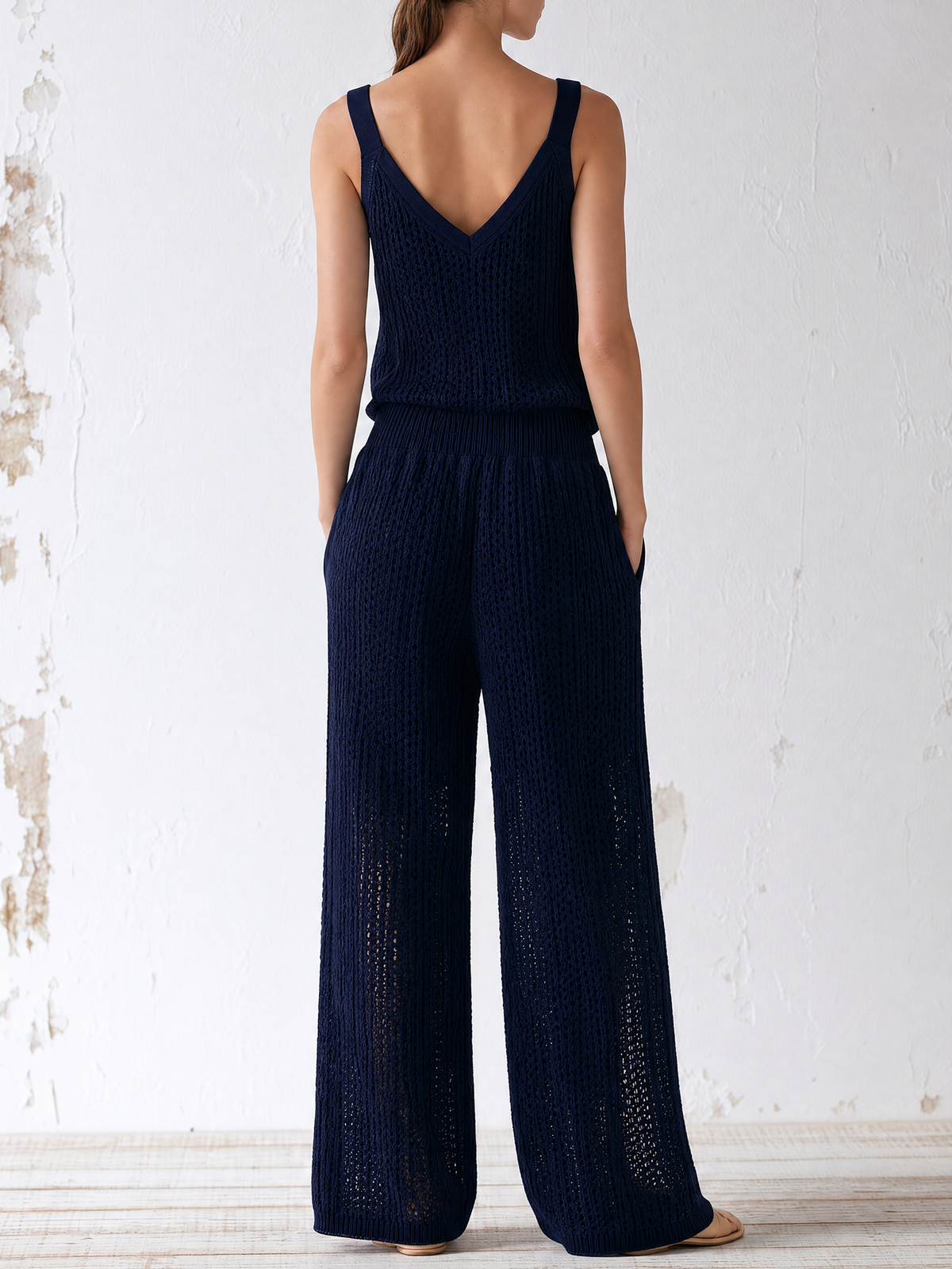 Navy Hollow Crochet Knit Sleeveless Jumpsuit with V-Neck, Button Down, Elastic Waist, Wide Leg Design, and Side Pockets - Perfect for Vacation