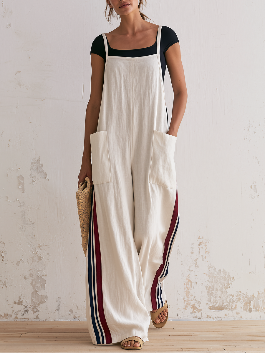 Casual Sleeveless Wide-Leg Overalls in Linen Stripe with Side Pockets