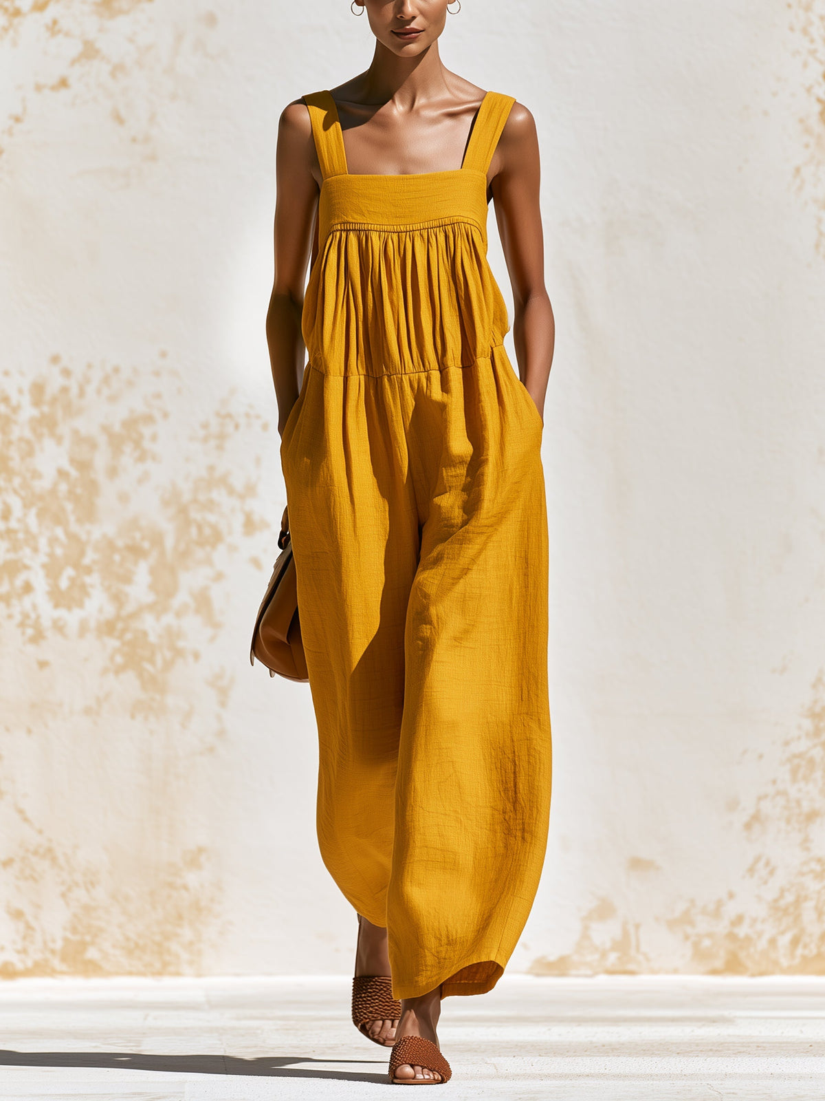 Mustard Yellow Sleeveless Wide Leg Jumpsuit for Women – Relaxed Fit Square Neck Summer Romper