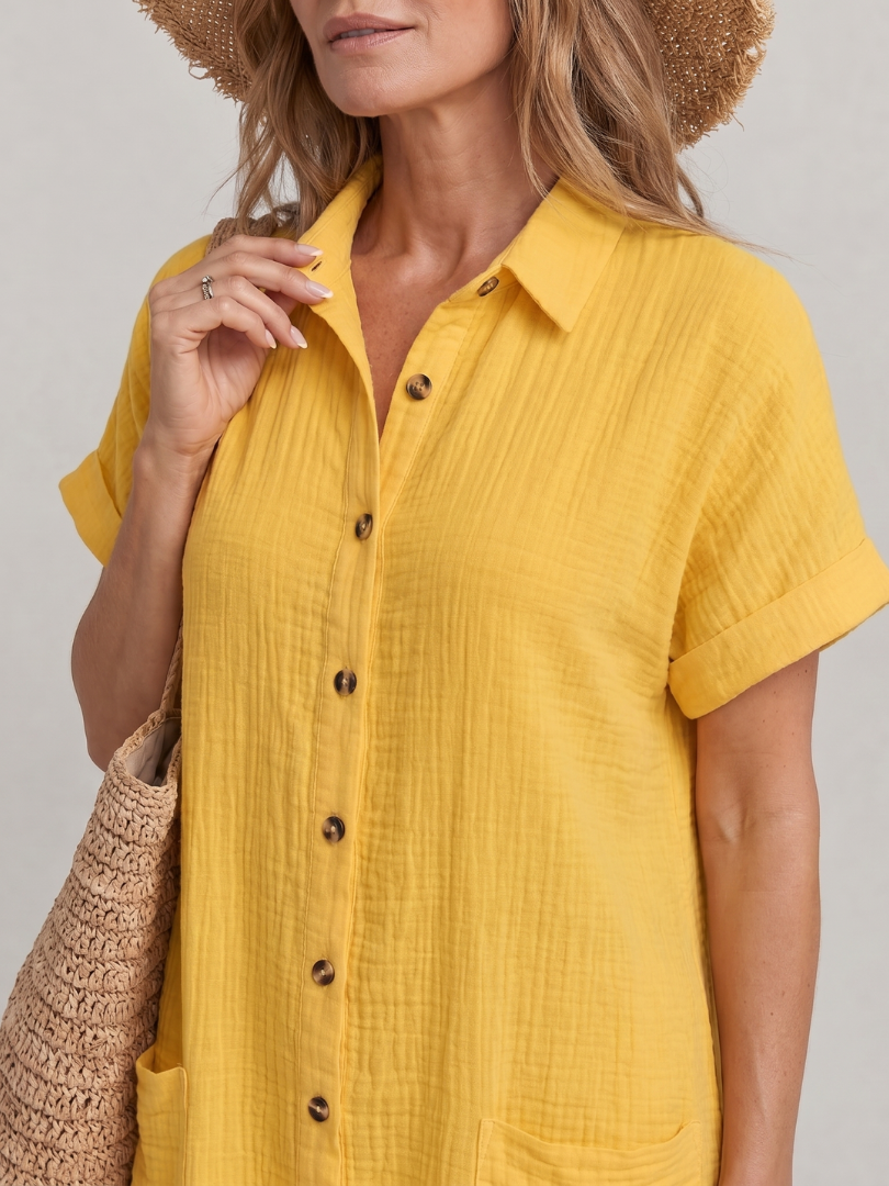 Linon | Knee-Length Dress with Short Sleeves and Front Pockets