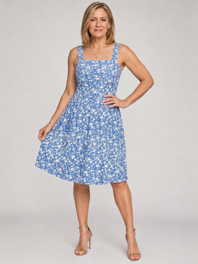 Leneva | Floral Print Square Neck Knee-Length Dress