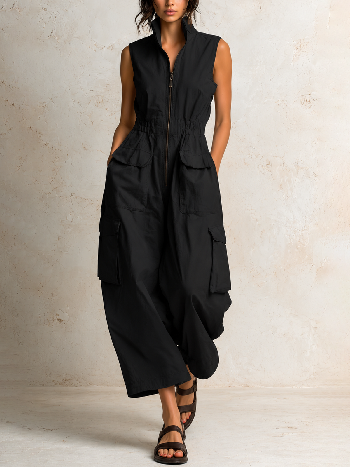 Beige Cotton Twill Sleeveless Utility Jumpsuit with Cargo Pockets